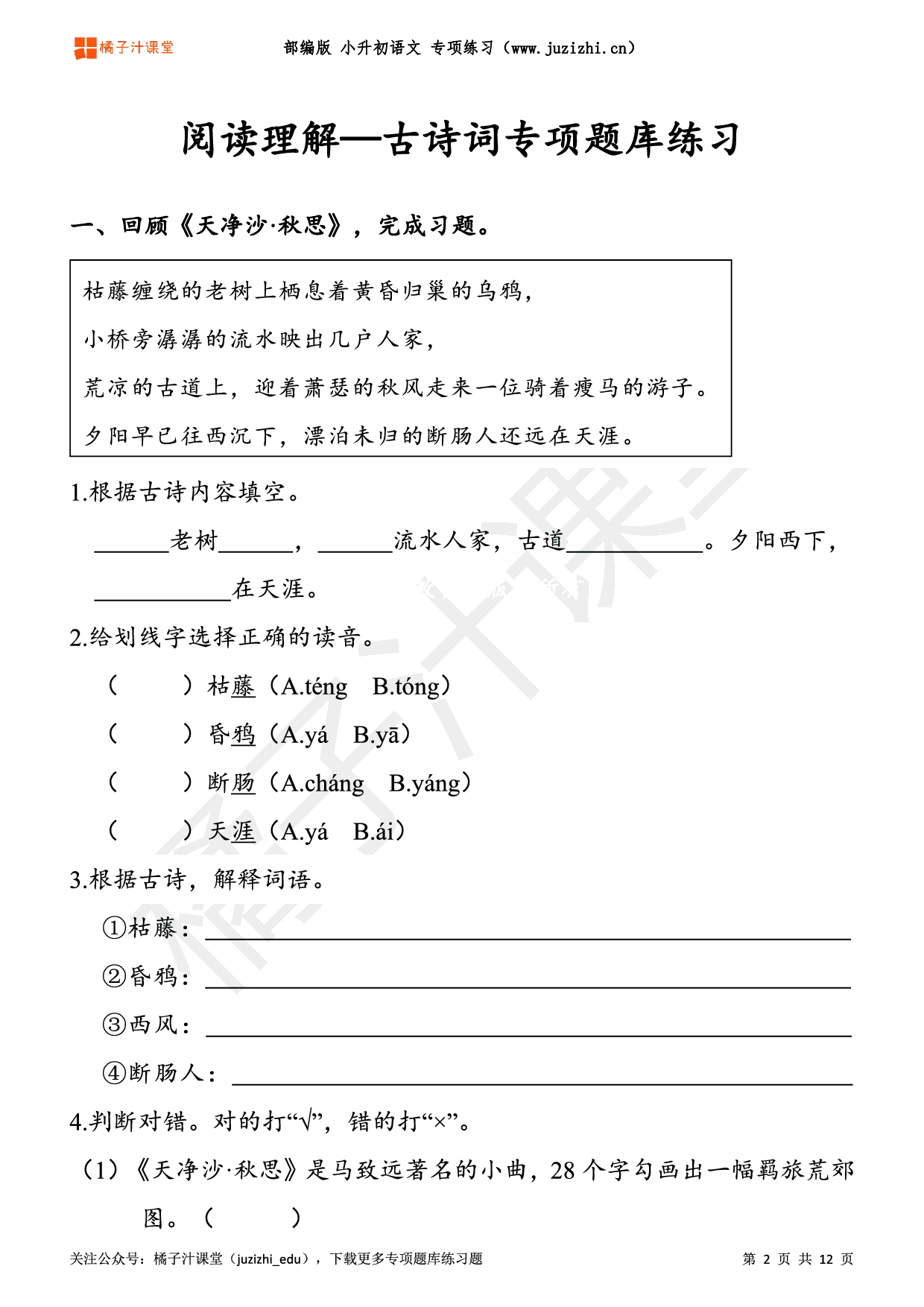 【小升初】部编版语文阅读理解——古诗词专项练习