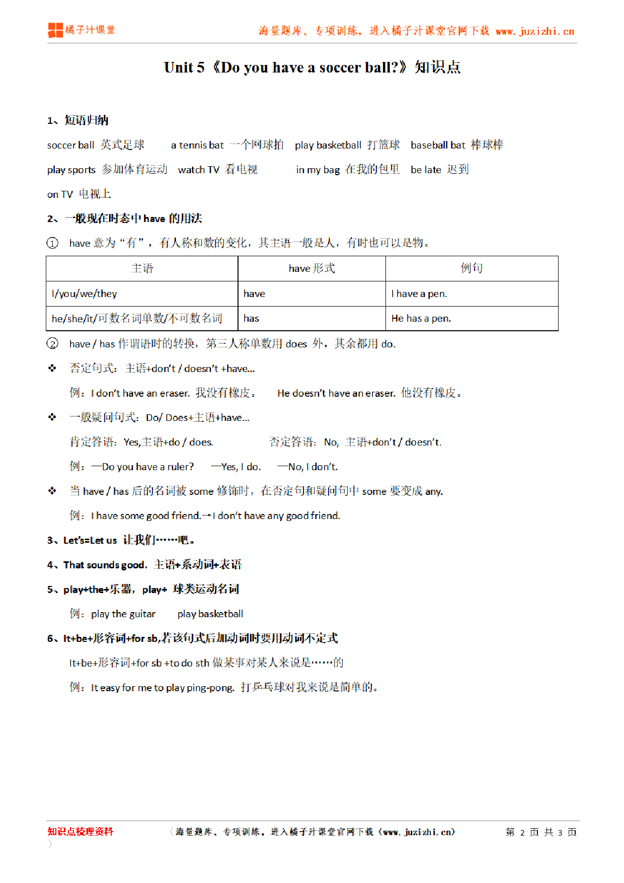 人教版初中英语七年级上册Unit5知识点