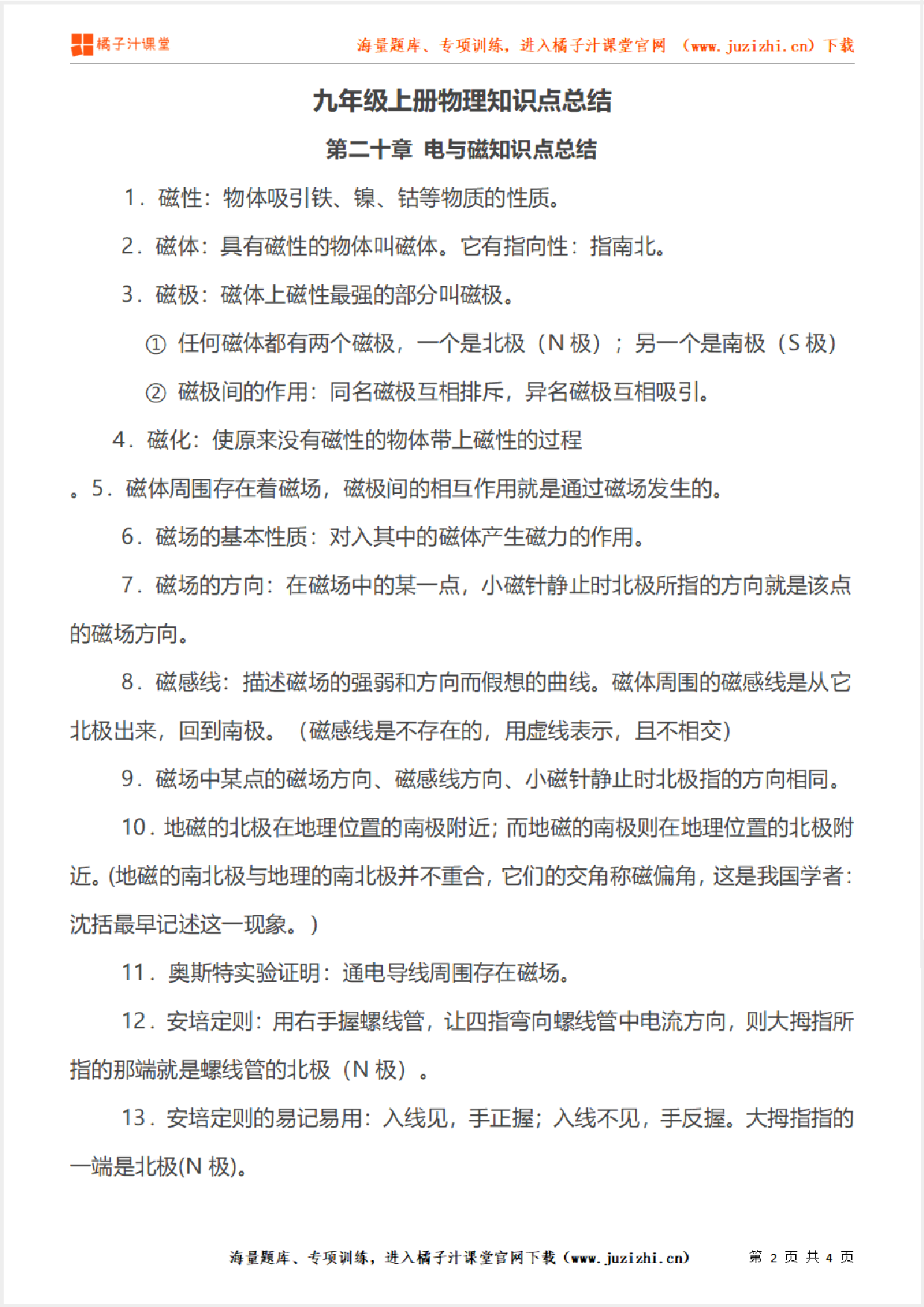 九年级初中物理《第二十章 电与磁知识点总结》单元知识点