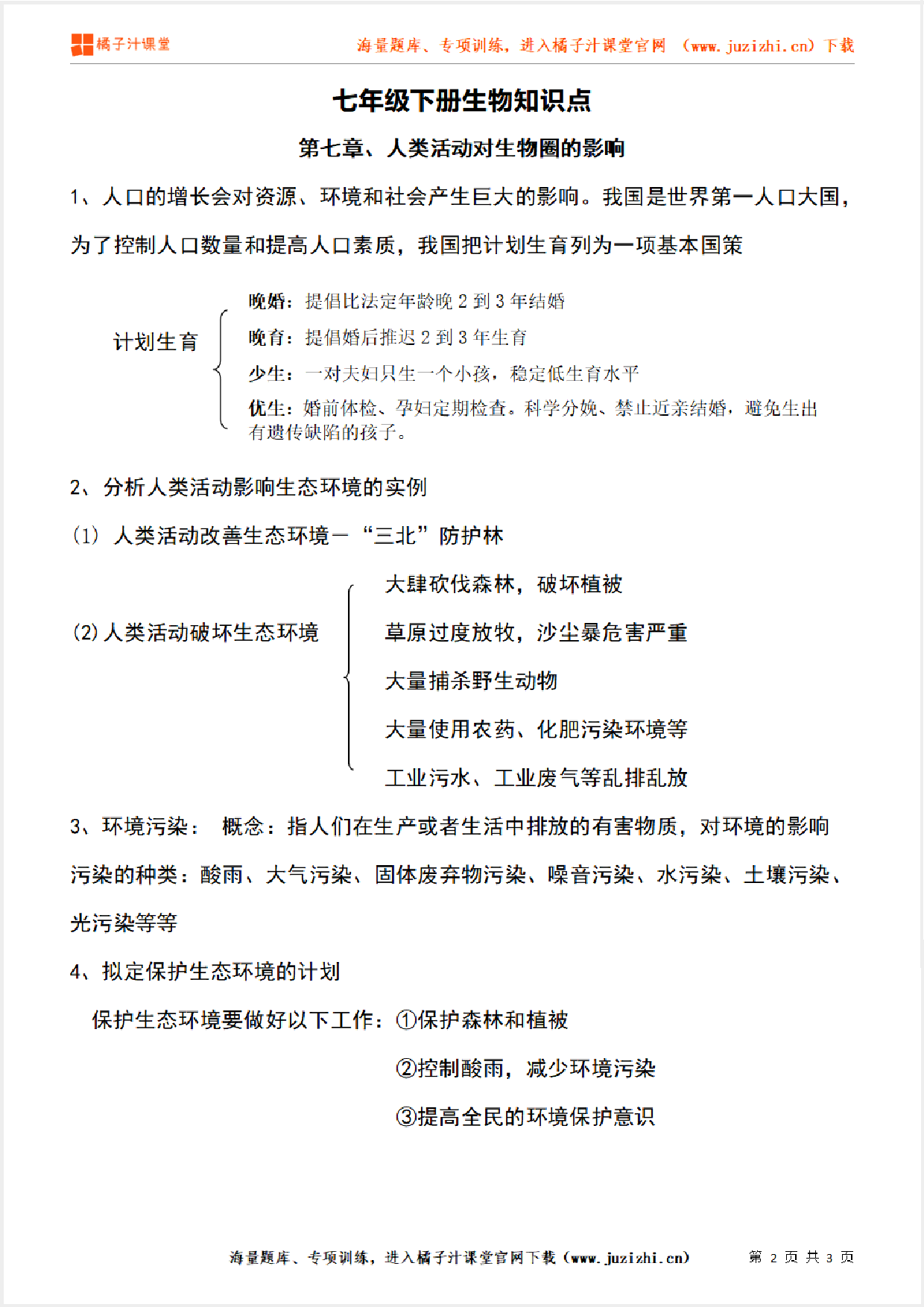 七年级下册初中生物《第七章、人类活动对生物圈的影响》单元知识点