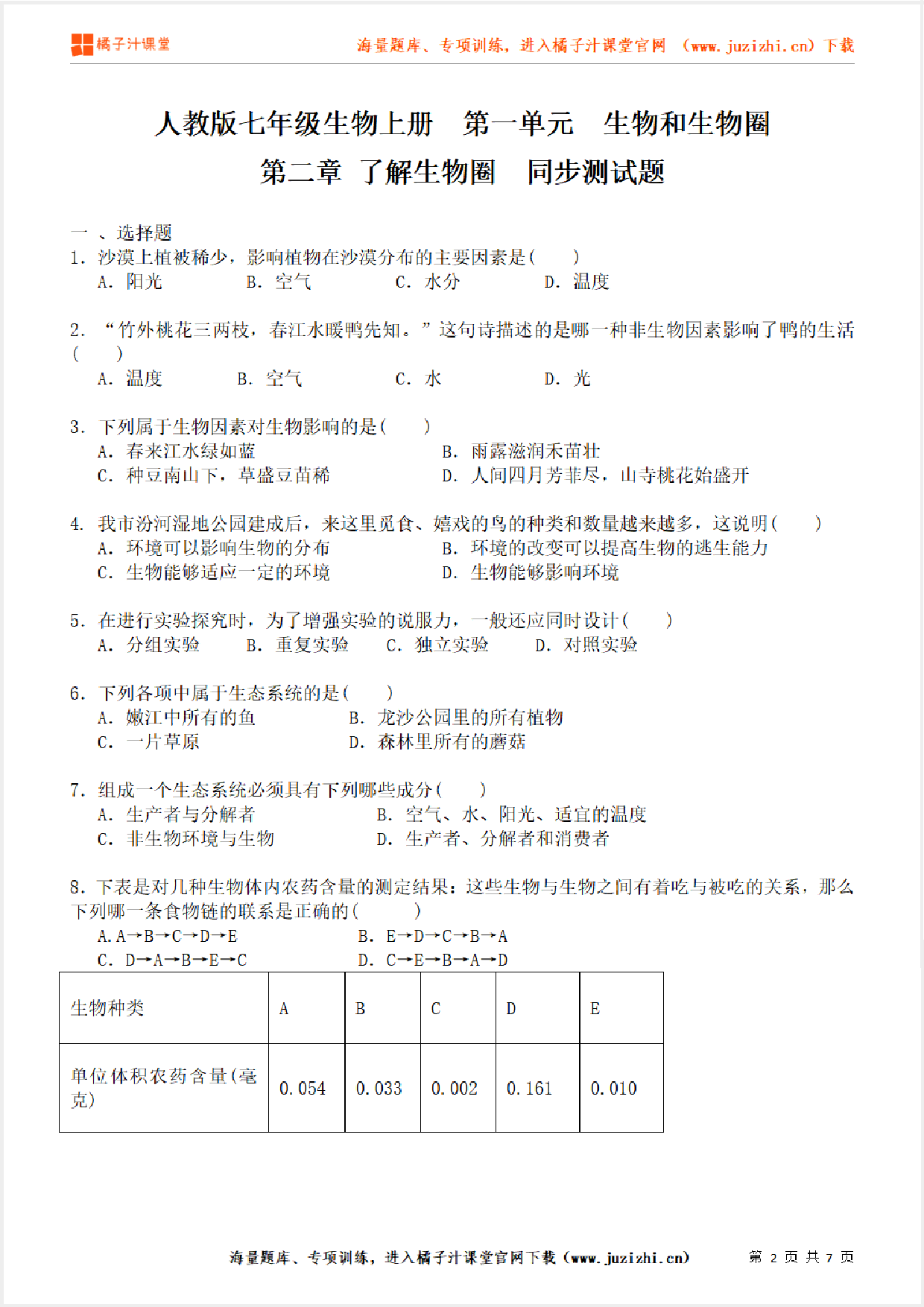 【七年级上册生物】第一单元第二章 了解生物圈 单元检测题