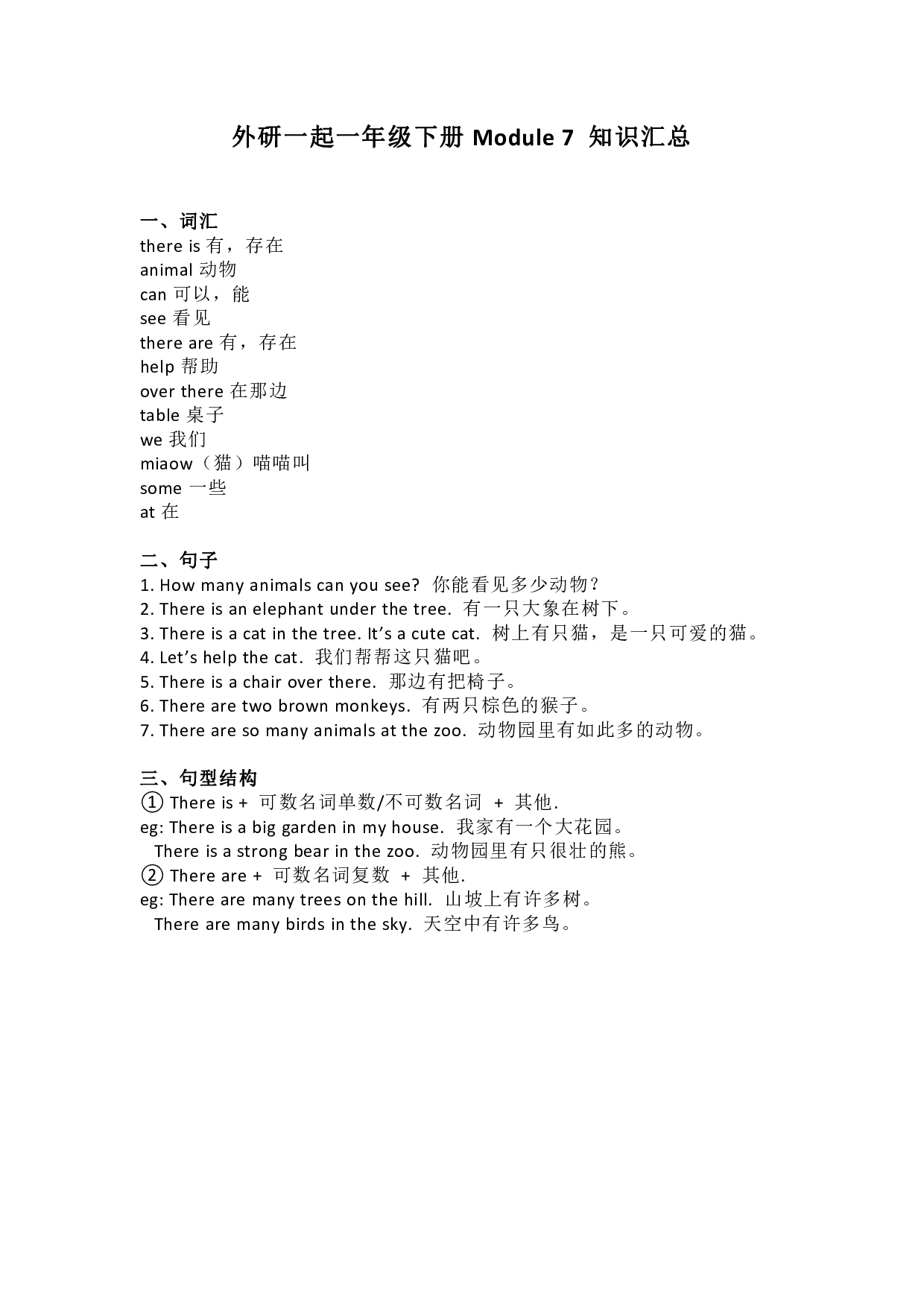 【外研版一年级起】一年级下册Module 7 知识点汇总