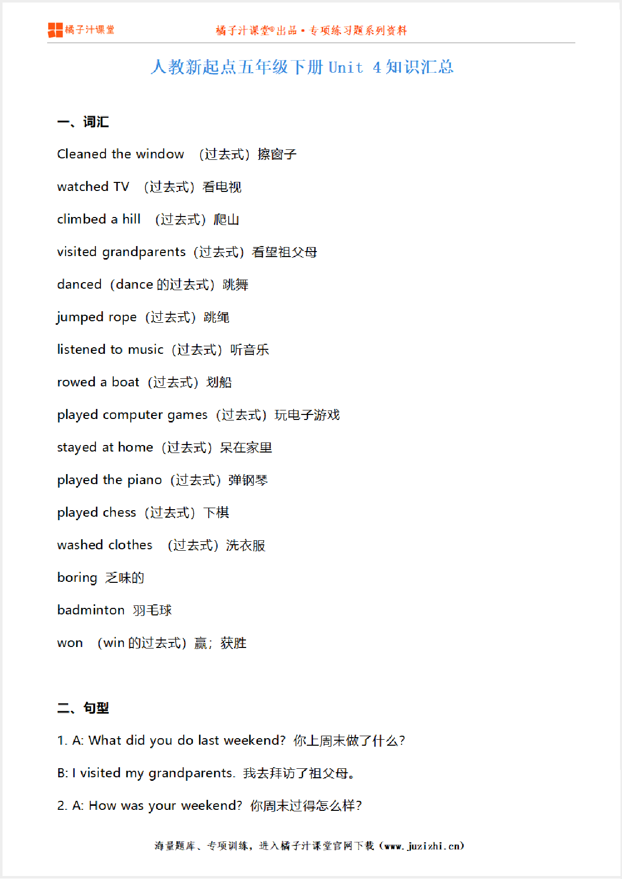 【人教新起点一年级起】五年级下册Unit4知识点汇总