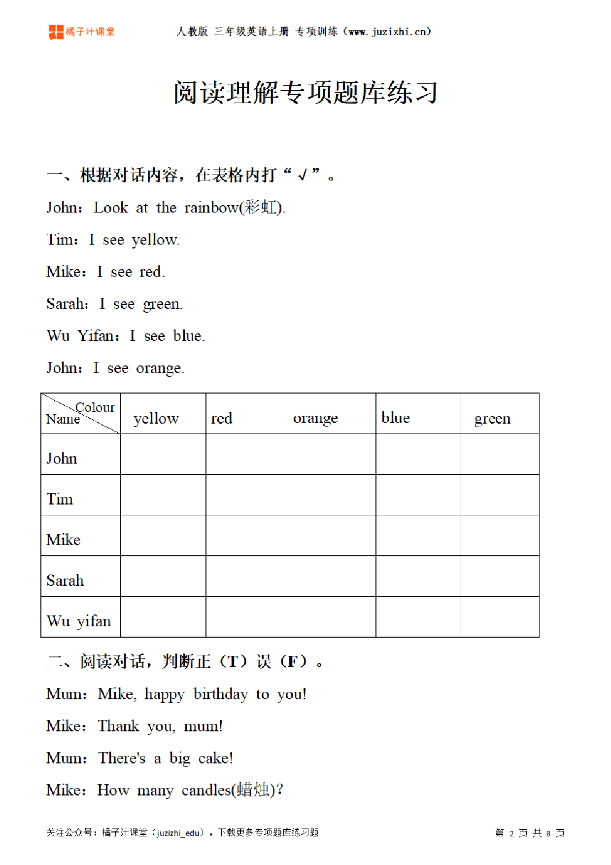 【PEP英语】三年级上册《阅读理解》专项题库练习