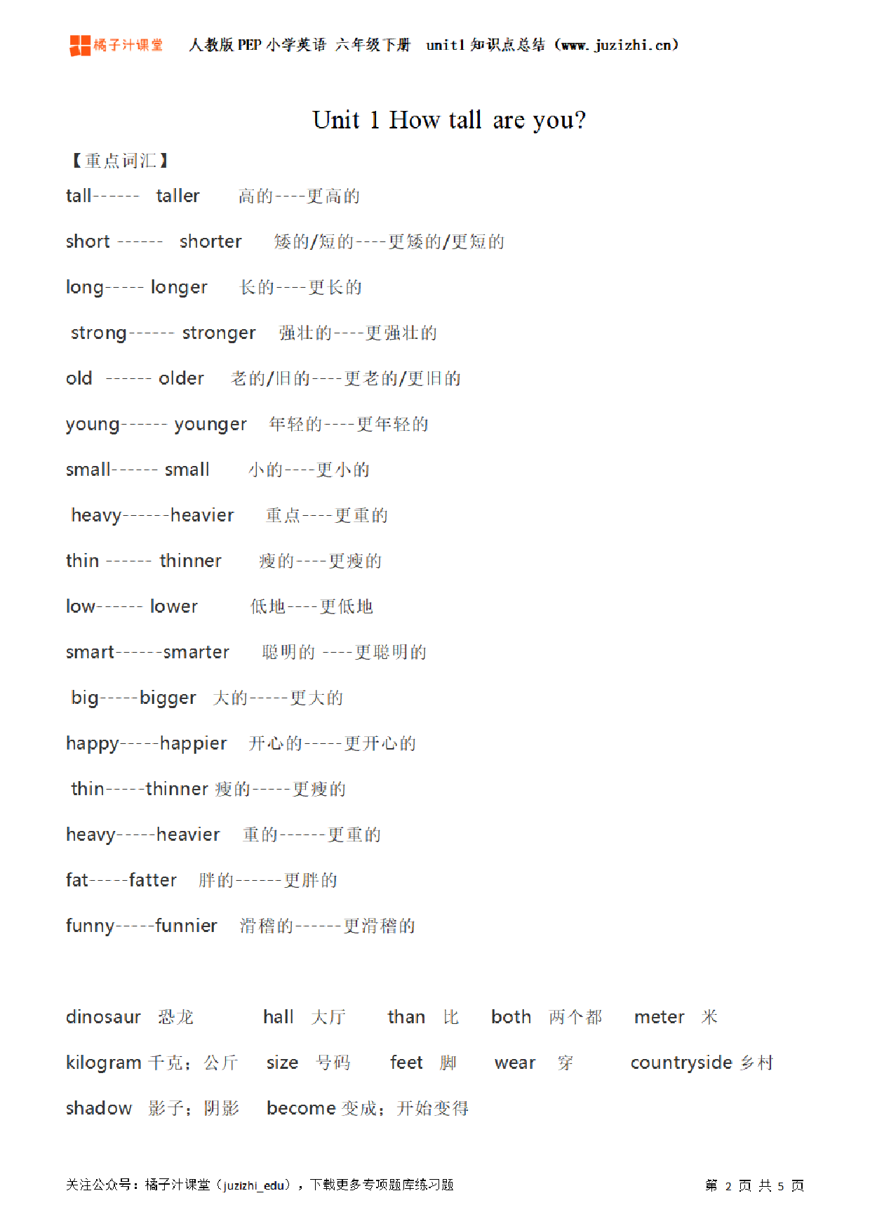 【人教PEP】6年级英语下册unit1知识点梳理