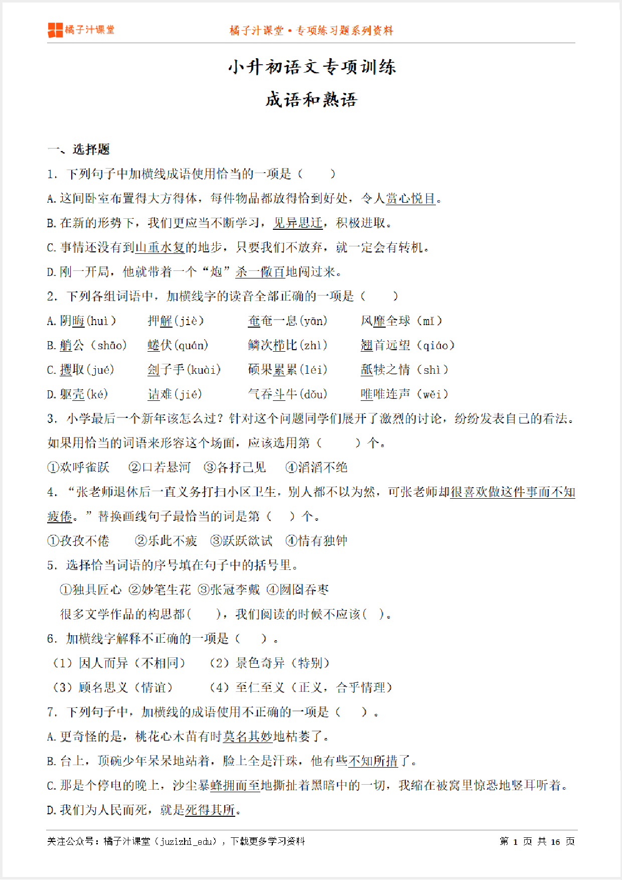 小升初语文专题—成语和熟语专项训练(试卷)