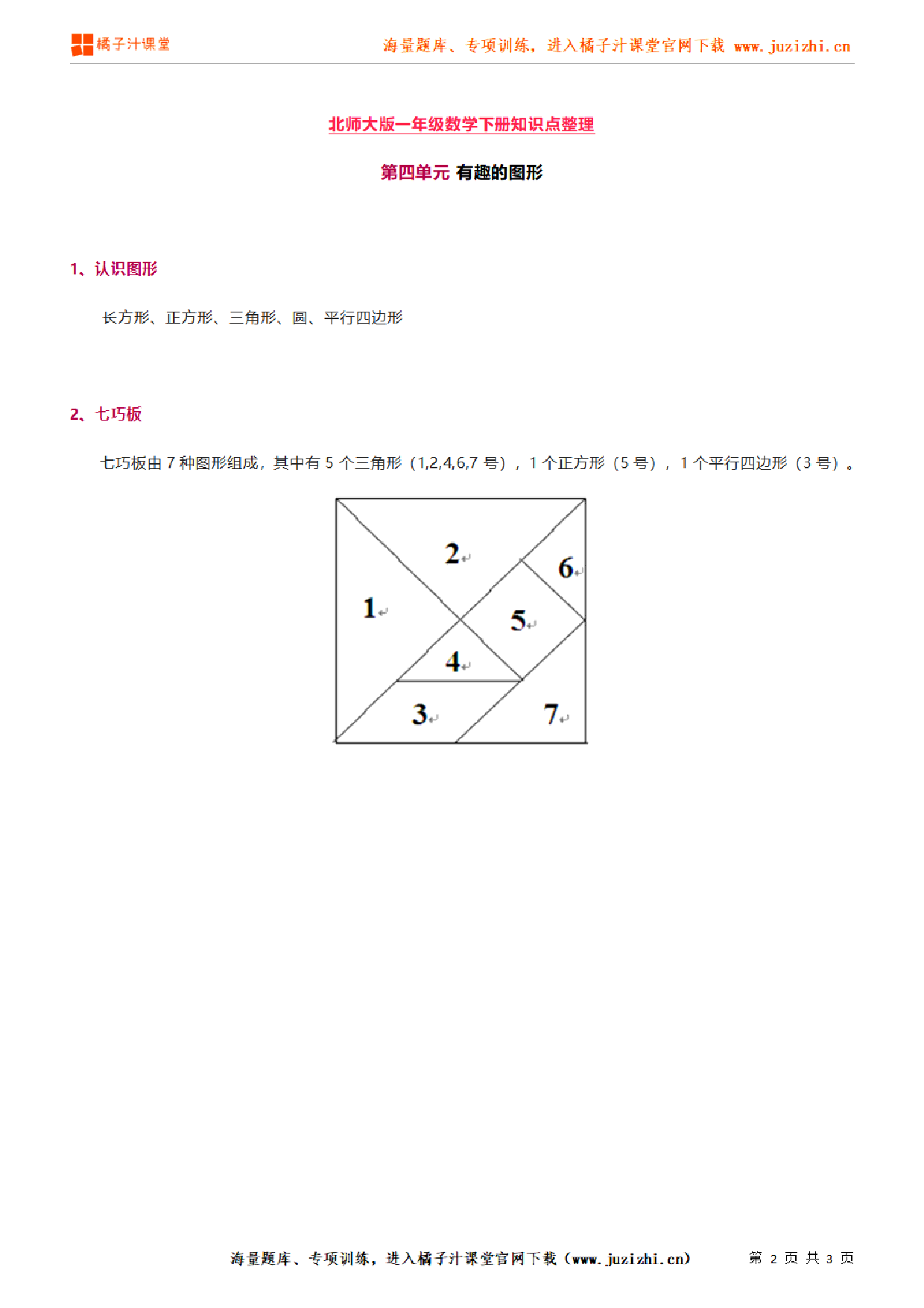 【北师大版】一年级下册数学《第四单元 有趣的图形》知识点汇总