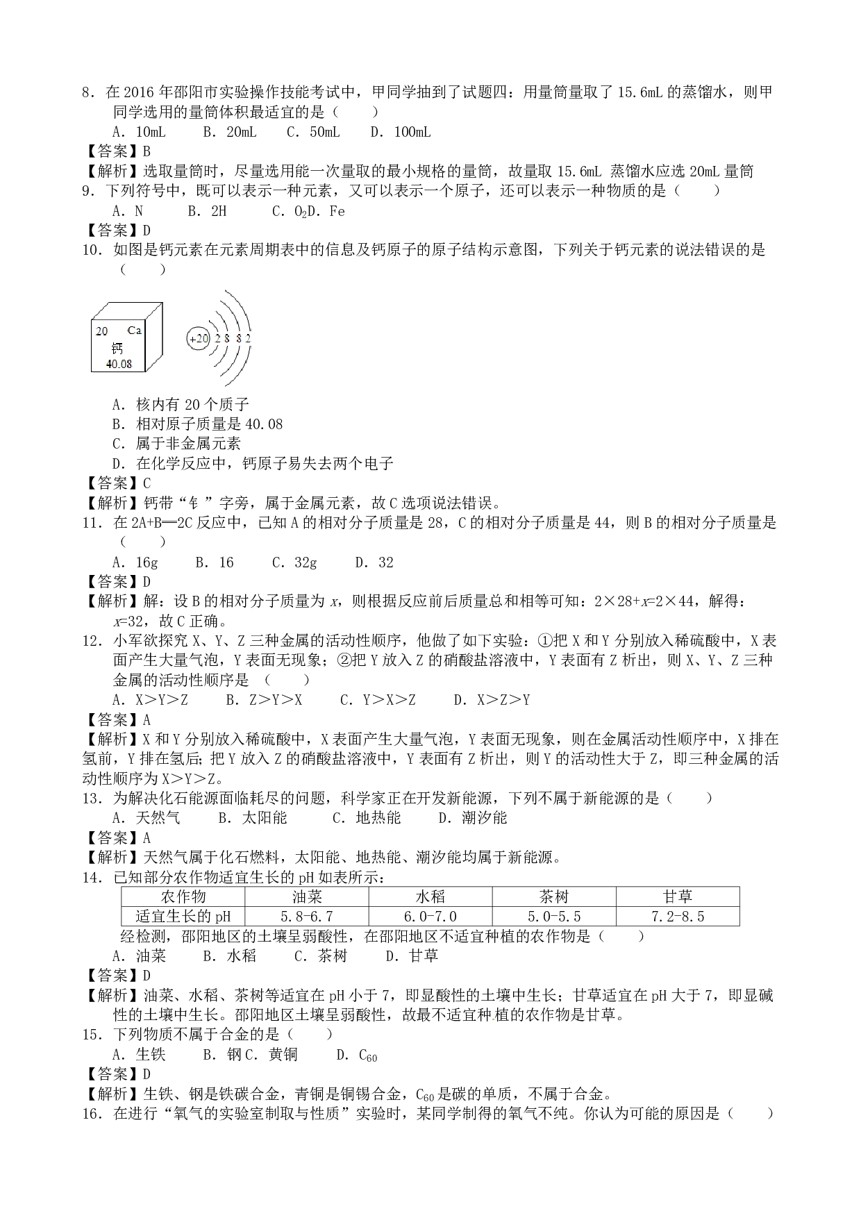 2016年湖南省邵阳市中考化学历年真题