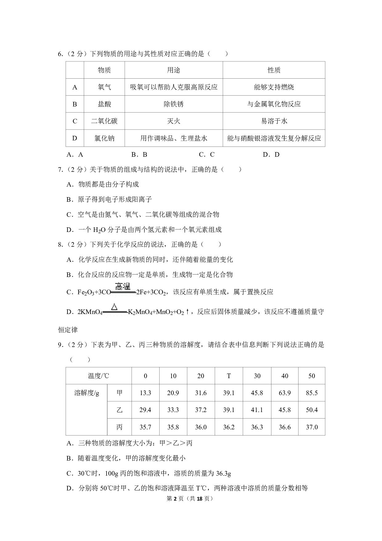 2019年贵州省铜仁市中考化学试卷历年真题