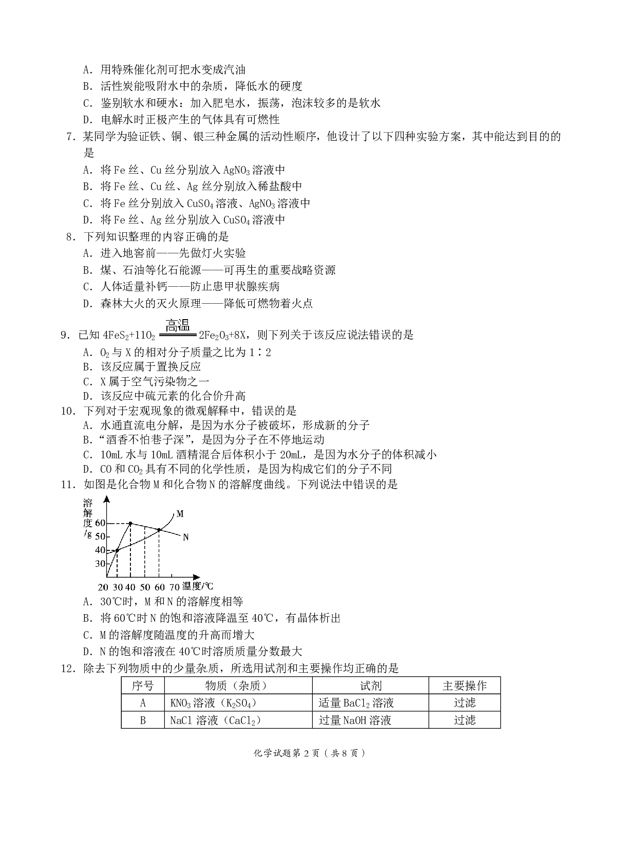 2019年四川省雅安市中考化学历年真题