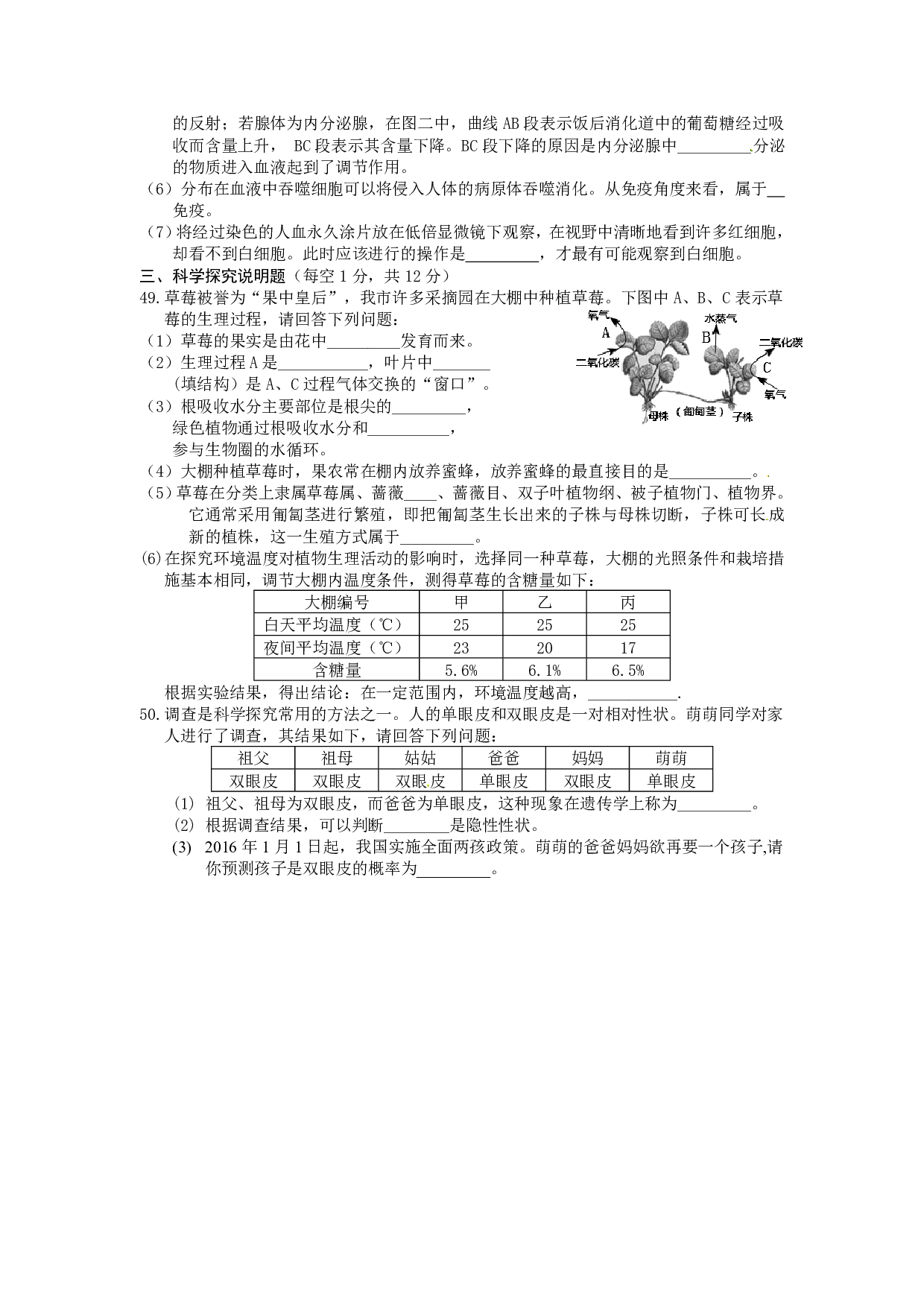 2016年湖北省枣阳市中考适应性考试生物试题_试题_试卷