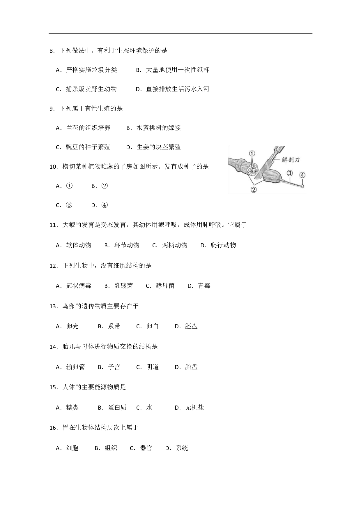 2020年福建省中考生物试题