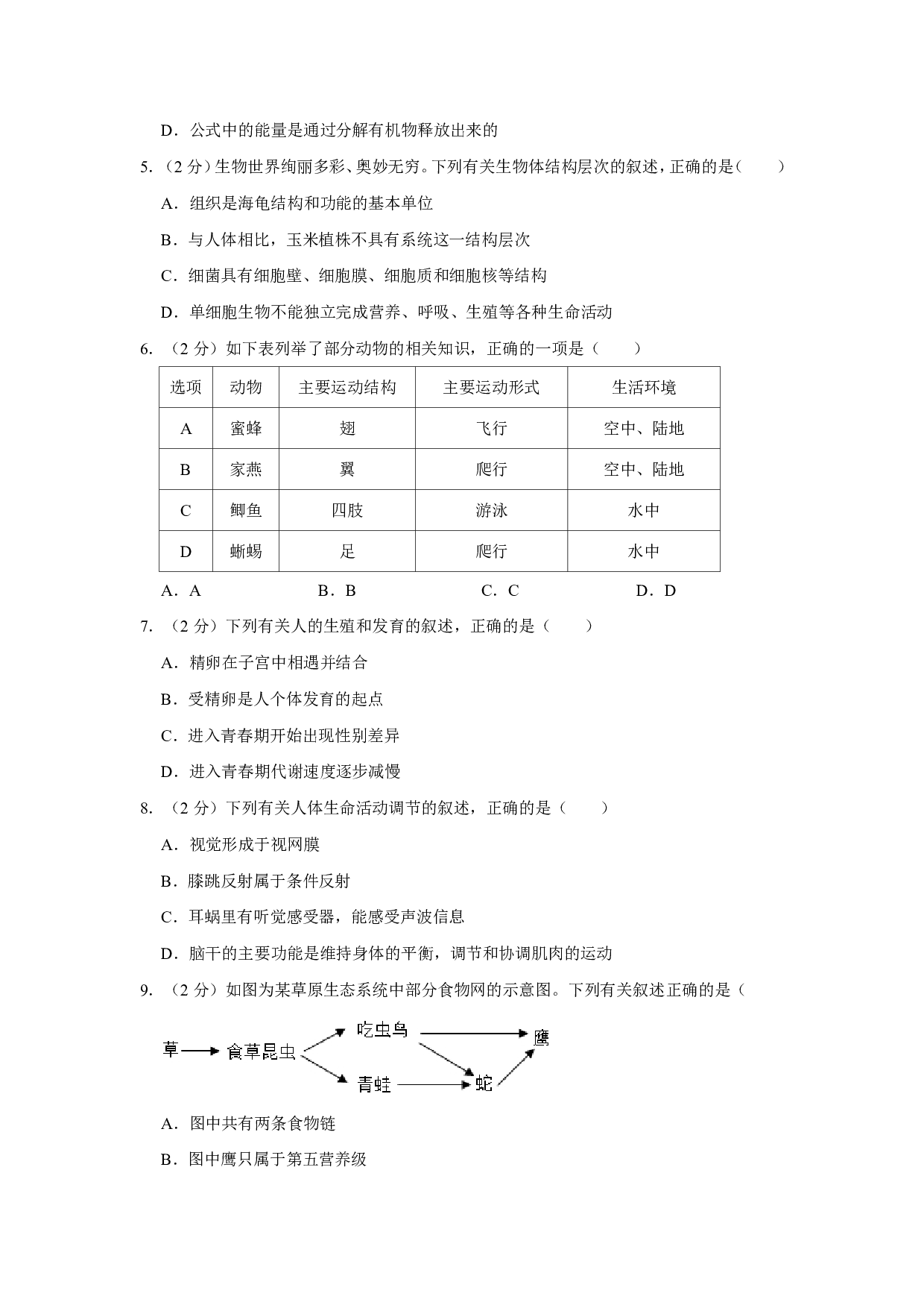 2022年湖南省永州市初中学业水平考试生物试题