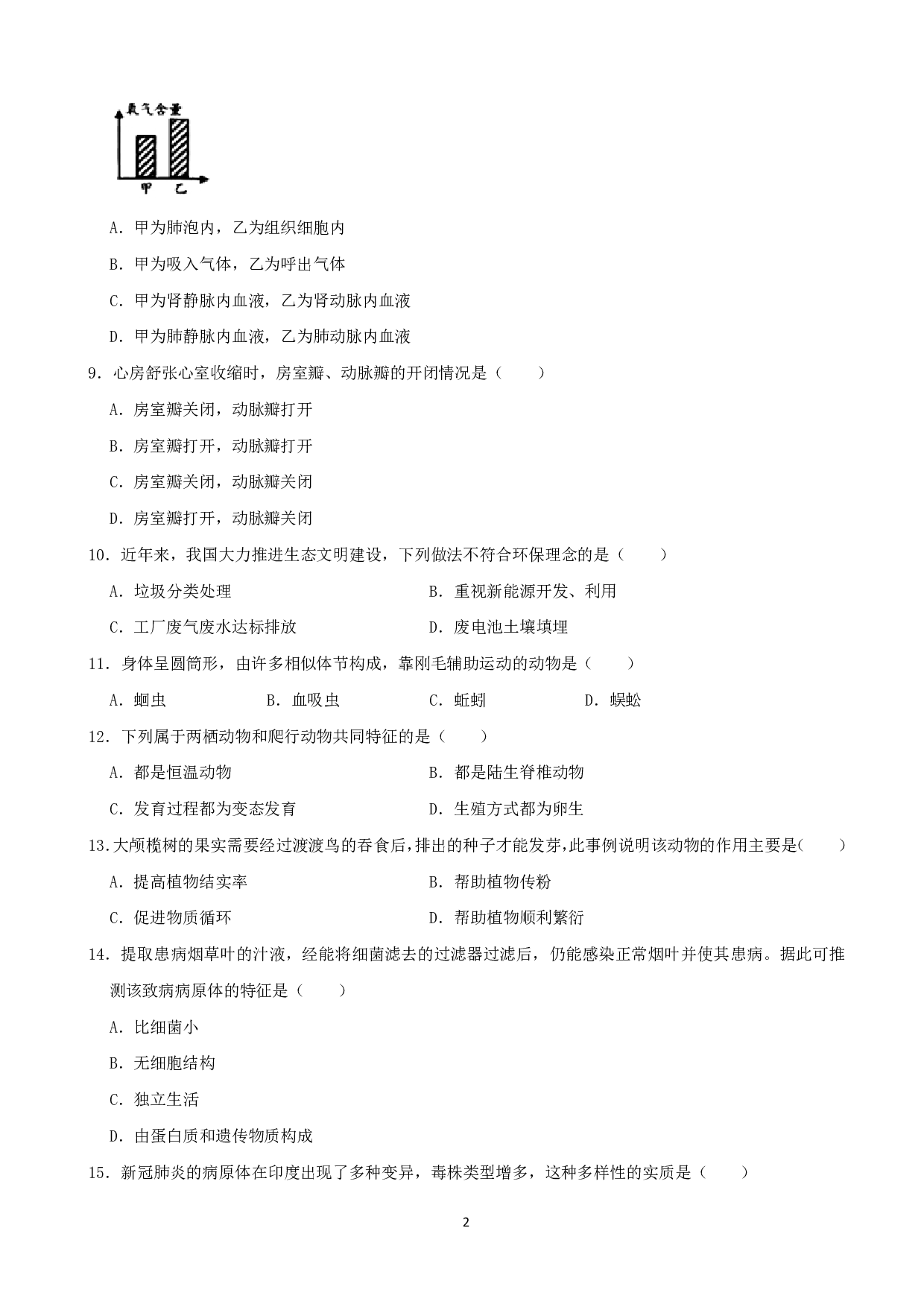 2021年湖南省岳阳市中考生物真题