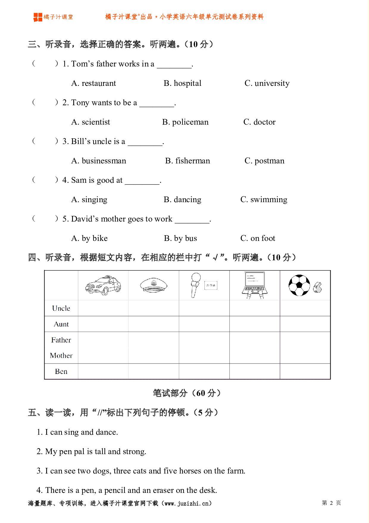 【人教版PEP】小学英语六年级上册Unit5 What does he do？检测卷