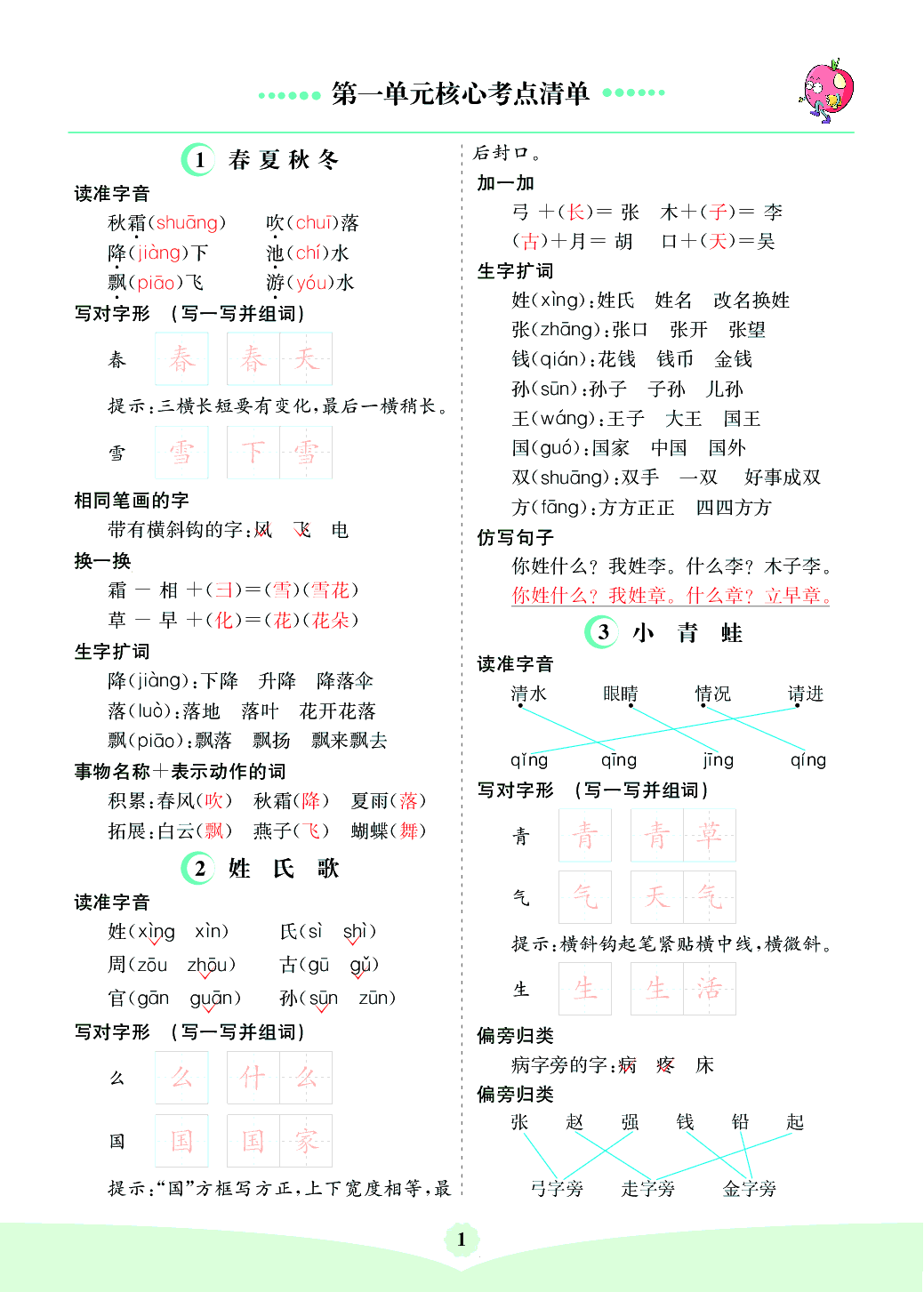 部编版语文一年级下册第一单元核心考点清单