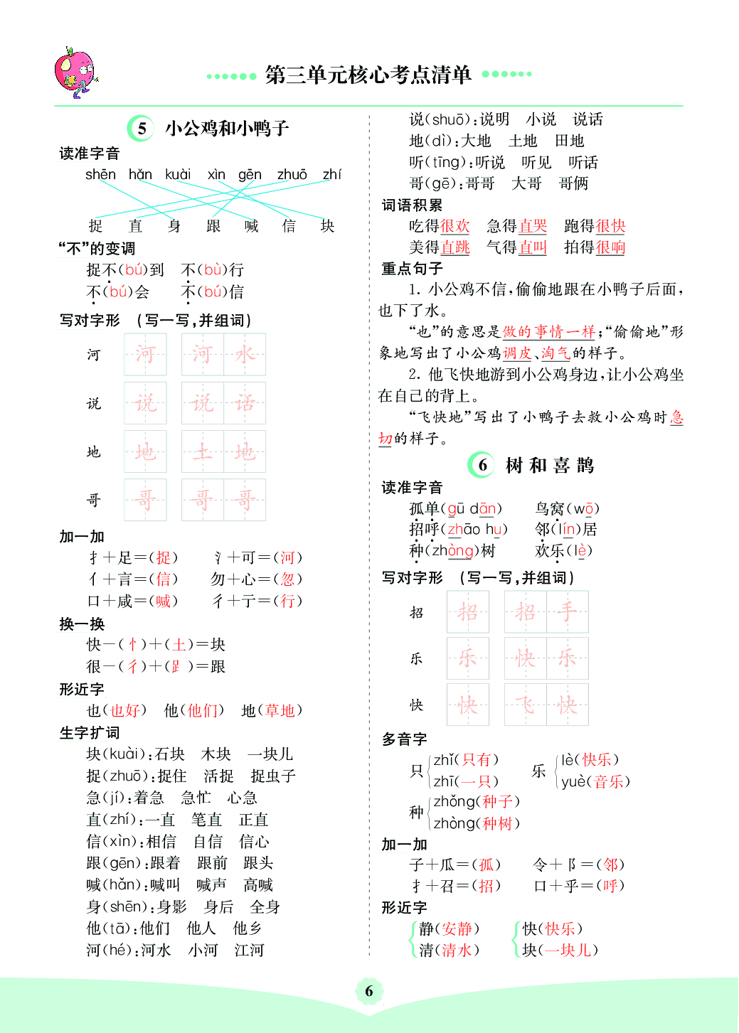 部编版语文一年级下册第三单元核心考点清单