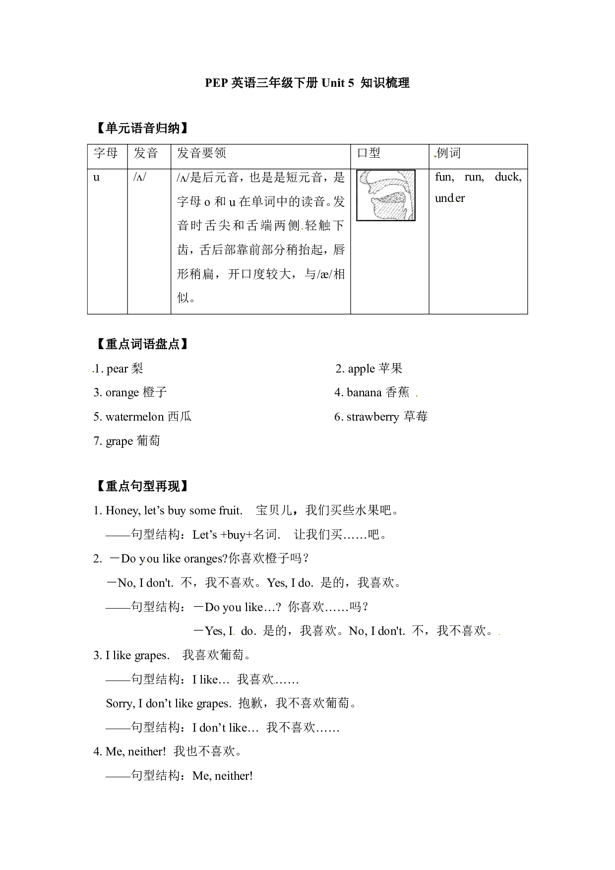 人教PEP版三年级下册英语单元知识梳理-Unit 5 Do you like pears