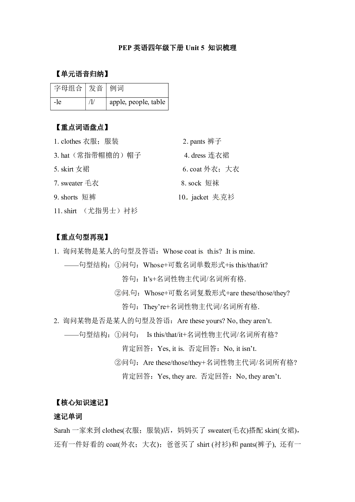 四年级下册英语单元知识梳理-Unit 5 人教PEP