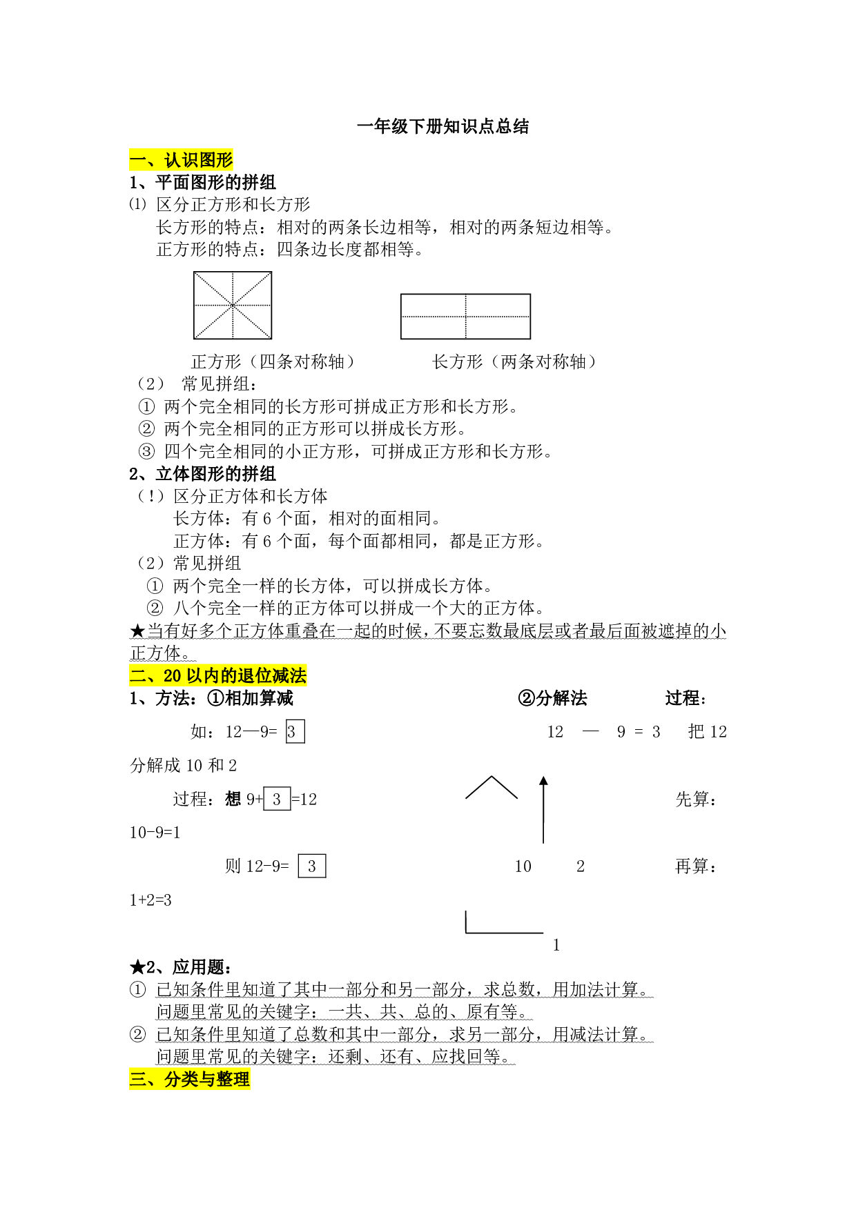 人教版数学一年级下册知识点总结